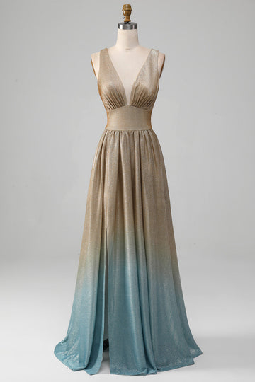 Glitter V-hals Golden Prom kjole med spalt
