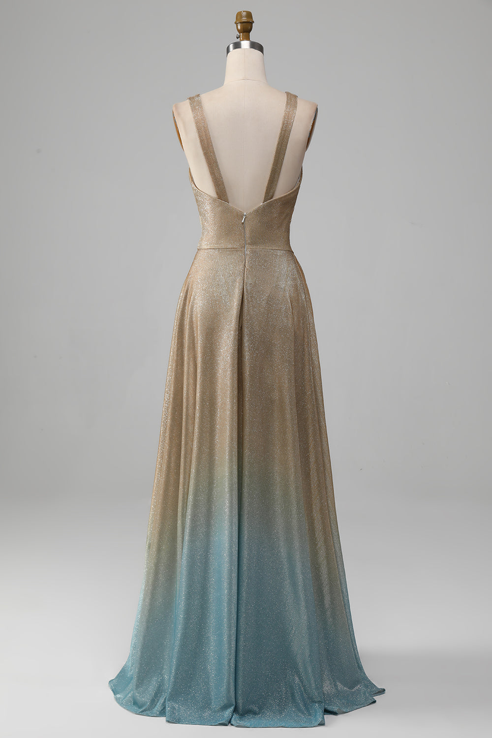 Glitter V-hals Golden Prom kjole med spalt