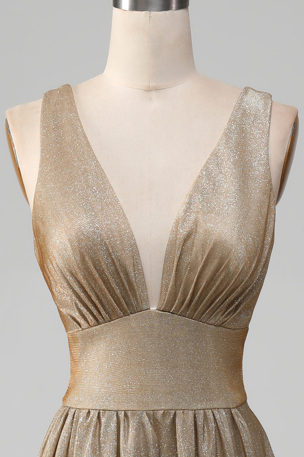 Glitter V-hals Golden Prom kjole med spalt