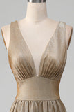 Glitter V-hals Golden Prom kjole med spalt