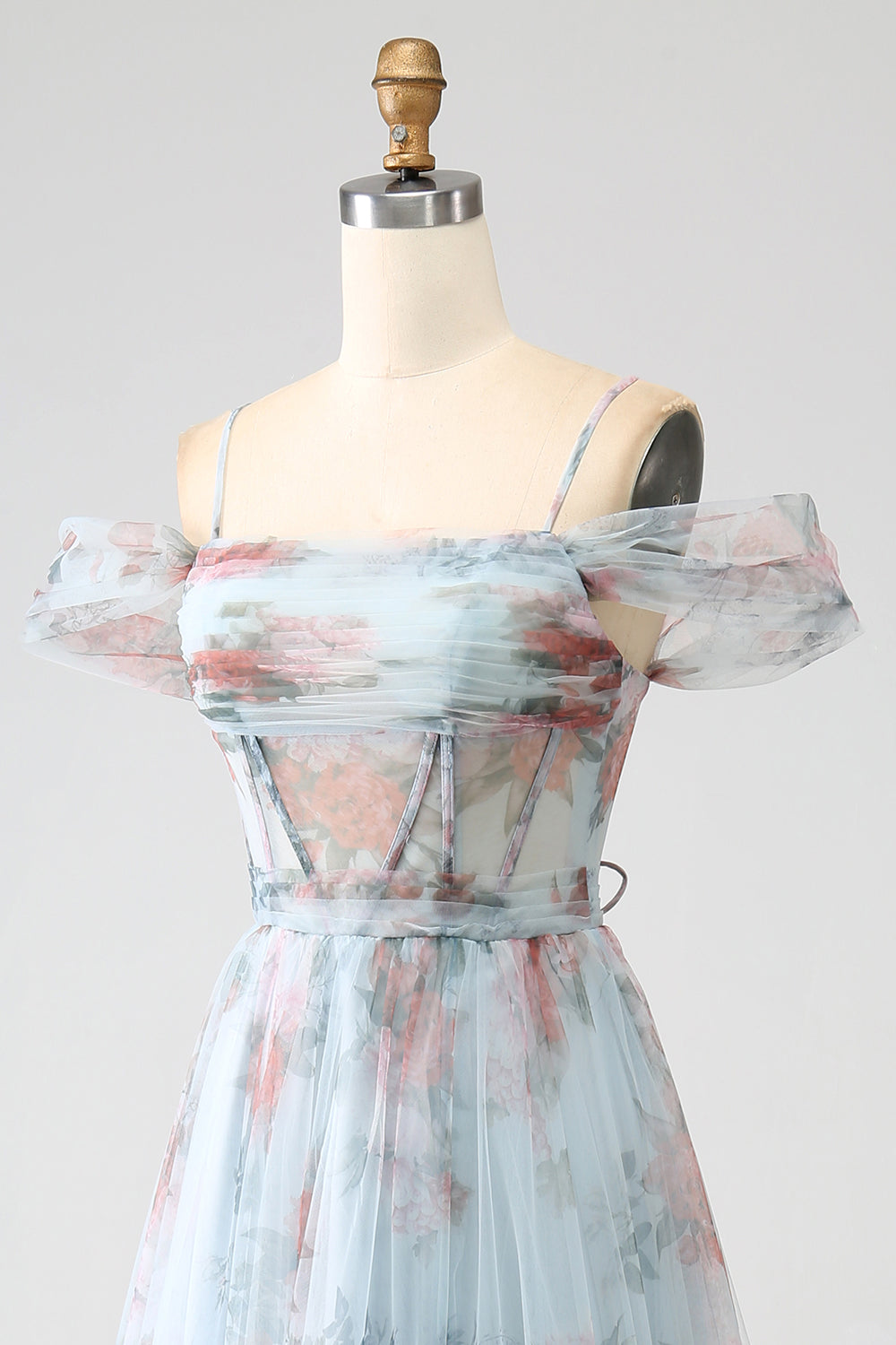 A-Line Blå Trykt Cold Shoulder Long Corset Prom Dress med Slit