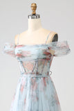 A-Line Blå Trykt Cold Shoulder Long Corset Prom Dress med Slit