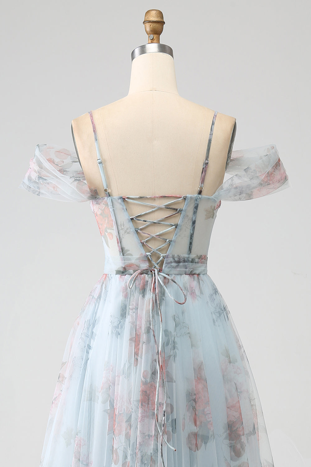 A-Line Blå Trykt Cold Shoulder Long Corset Prom Dress med Slit