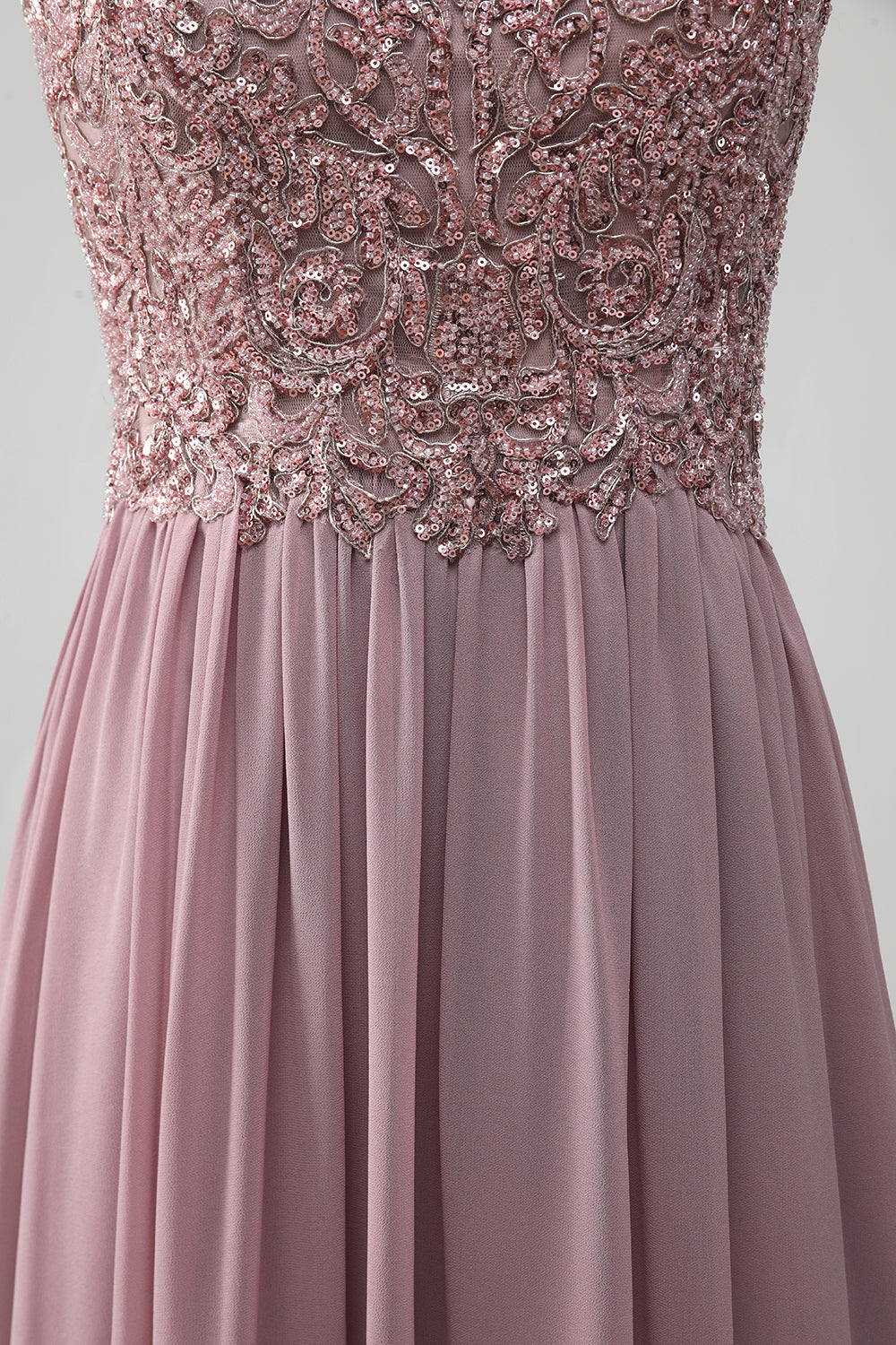 Dusk A-line Beaded Chiffon Round Neck Maxi Mor til bruden kjole