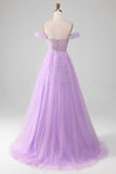 Lavendel A Line Tylle Off the Shoulder Prom Dress med Slit
