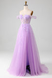 Lavendel A Line Tylle Off the Shoulder Prom Dress med Slit