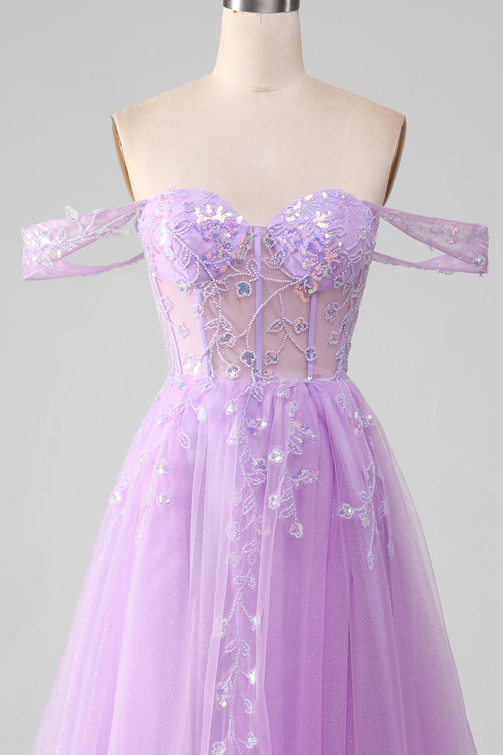 Lavendel A Line Tylle Off the Shoulder Prom Dress med Slit