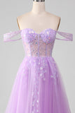 Lavendel A Line Tylle Off the Shoulder Prom Dress med Slit