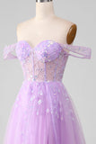 Lavendel A Line Tylle Off the Shoulder Prom Dress med Slit