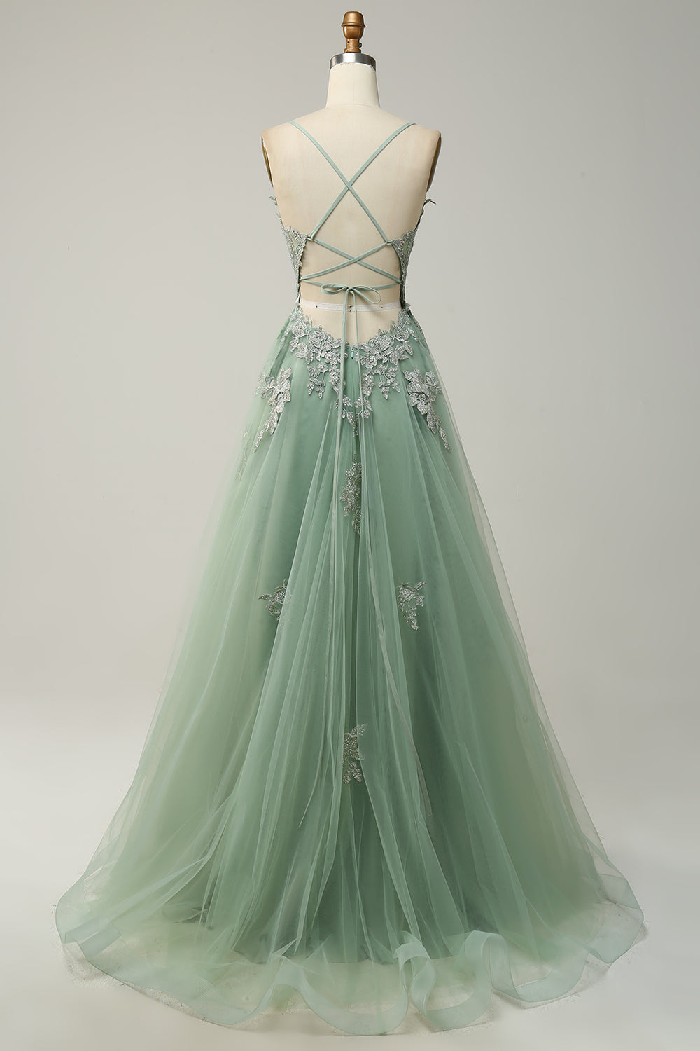 A Line Spaghetti Straps Dark Green Long Prom kjole med Criss Cross Back