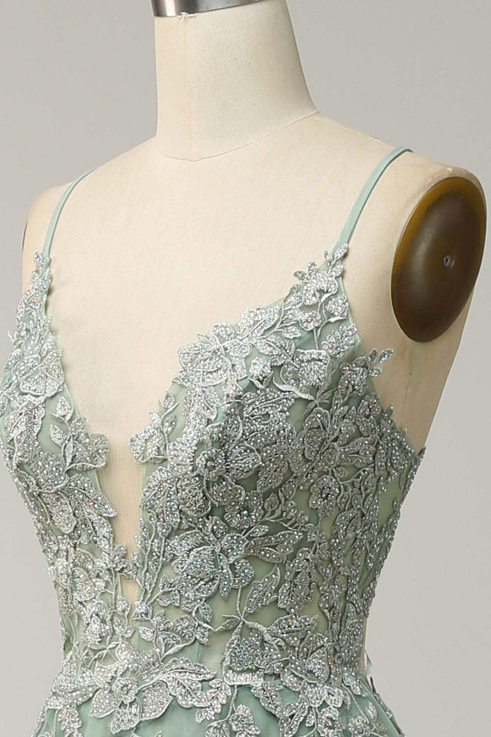 A Line Spaghetti stropper Green Long Prom kjole med Criss Cross Back