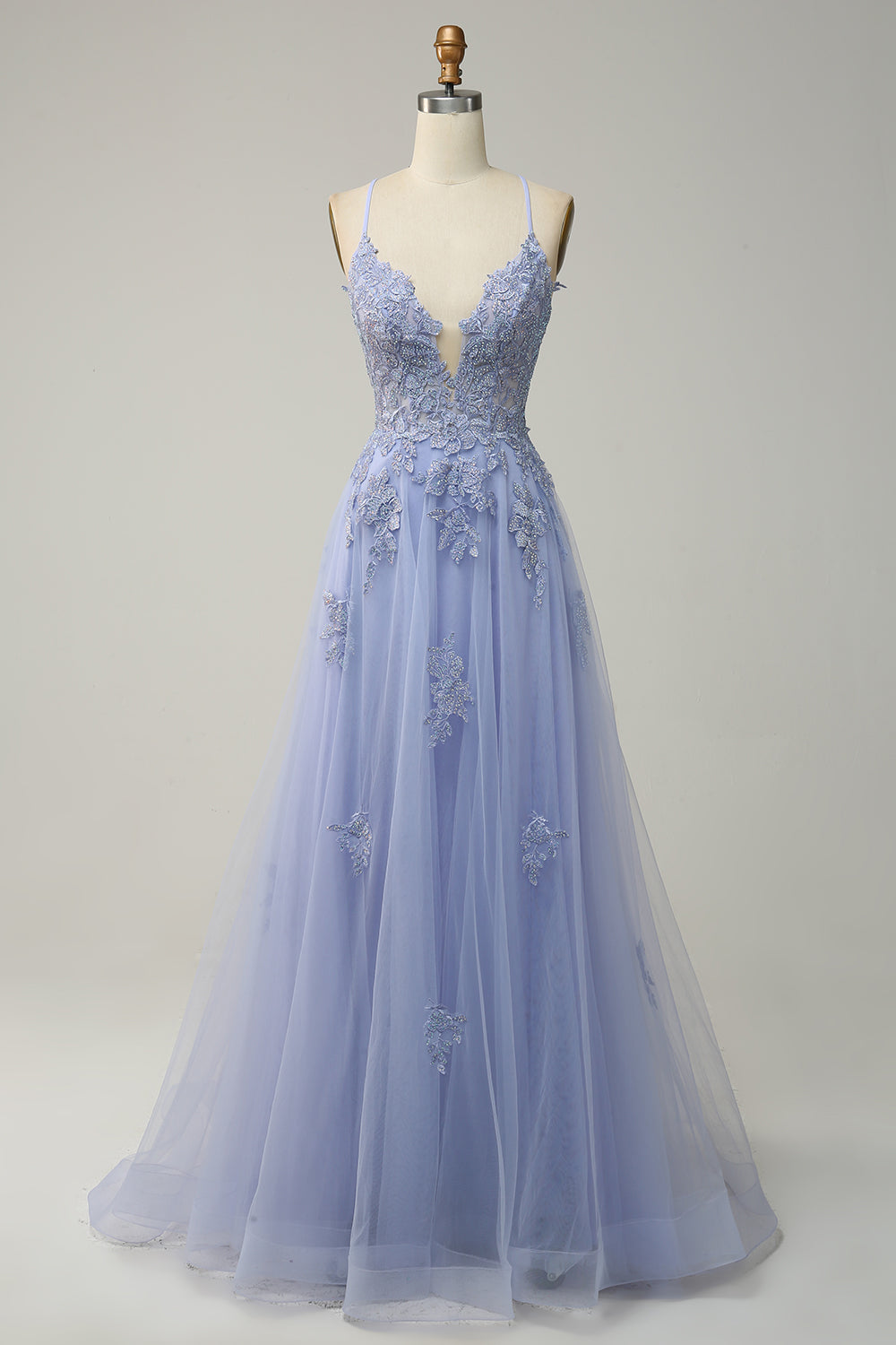 Spaghetti stropper A Line Grey Blue Long Prom kjole med Criss Cross Back