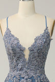 Spaghetti stropper A Line Grey Blue Long Prom kjole med Criss Cross Back
