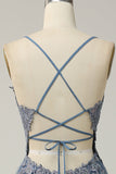 Spaghetti stropper A Line Grey Blue Long Prom kjole med Criss Cross Back
