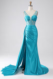 Turkis havfrue V-hals feie tog plissert korsett Beaded Prom kjole