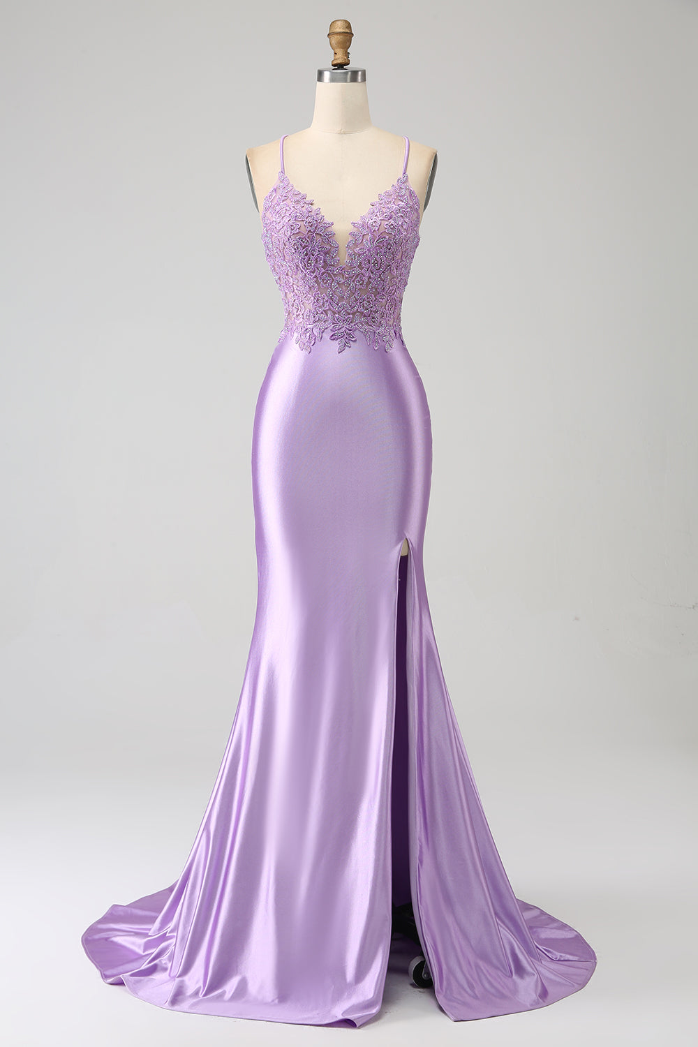 Stilig Mermaid Spaghetti stropper Lilac Long Prom Kjole med Appliques Slit