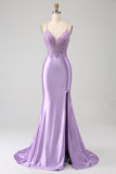 Stilig Mermaid Spaghetti stropper Lilac Long Prom Kjole med Appliques Slit