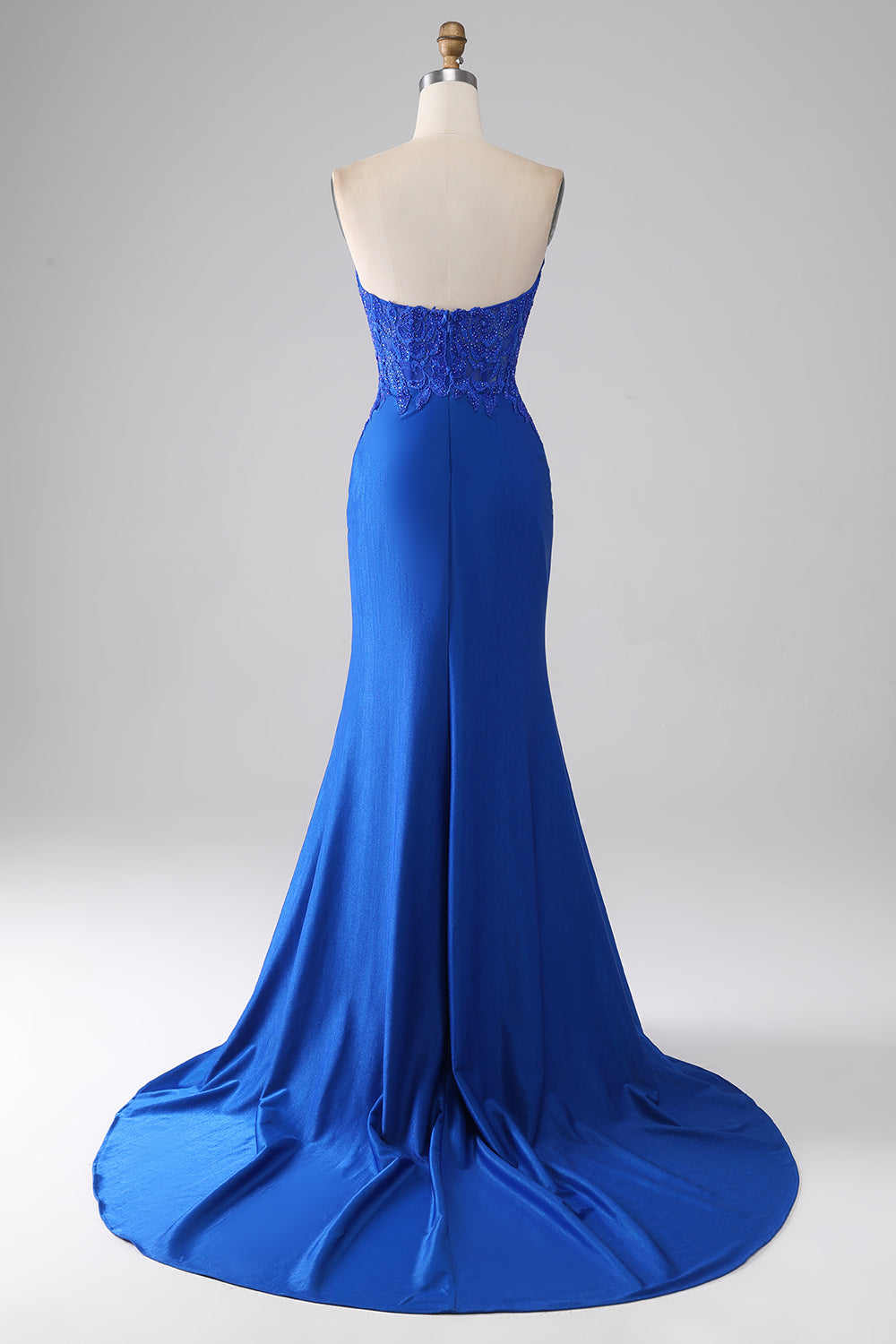 Royal Blue Mermaid stroppeløs lang beaded prom kjole med applikasjoner