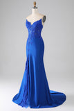 Royal Blue Mermaid stroppeløs lang beaded prom kjole med applikasjoner
