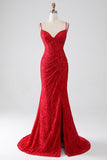 Rød havfrue spaghetti stropper Beaded blonder Applique Prom kjole med spalt