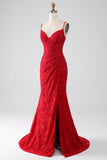 Rød havfrue spaghetti stropper Beaded blonder Applique Prom kjole med spalt