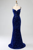 Elegant Royal Blue Mermaid Spaghetti stropper Velvet Sequin Long Prom Dress