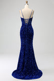 Elegant Royal Blue Mermaid Spaghetti stropper Velvet Sequin Long Prom Dress