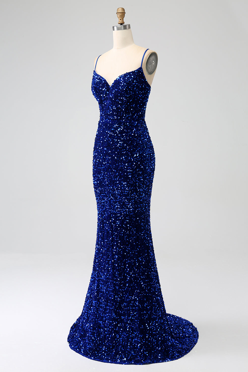Elegant Royal Blue Mermaid Spaghetti stropper Velvet Sequin Long Prom Dress