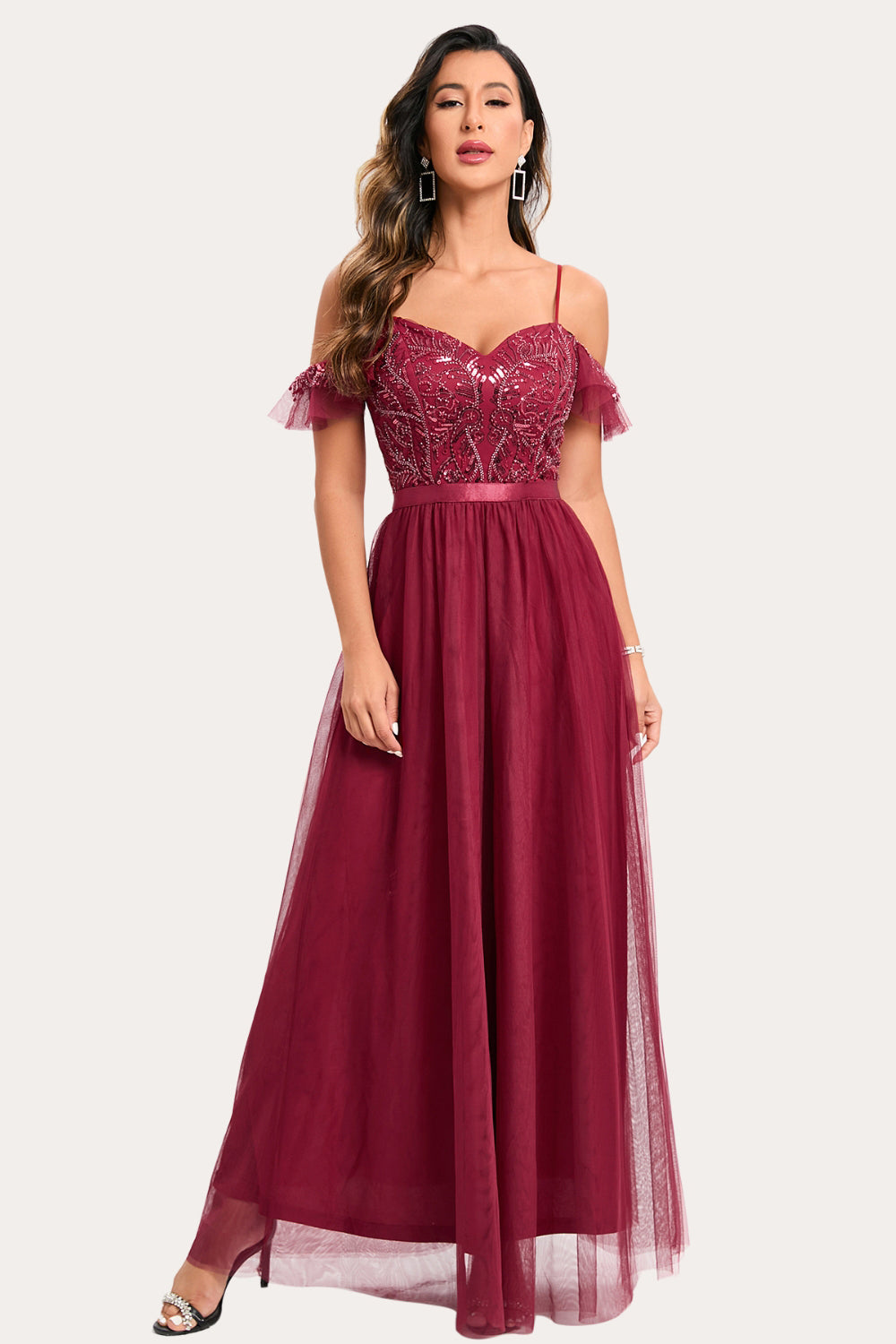 Burgund Beaded A-Line Long Prom Dress
