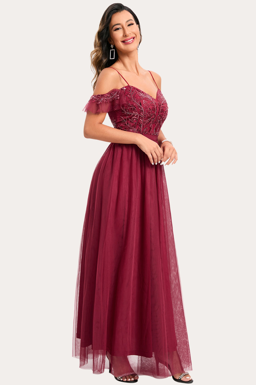 Burgund Beaded A-Line Long Prom Dress