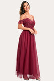 Burgund Beaded A-Line Long Prom Dress