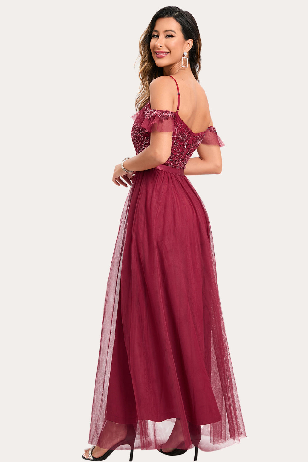 Burgund Beaded A-Line Long Prom Dress