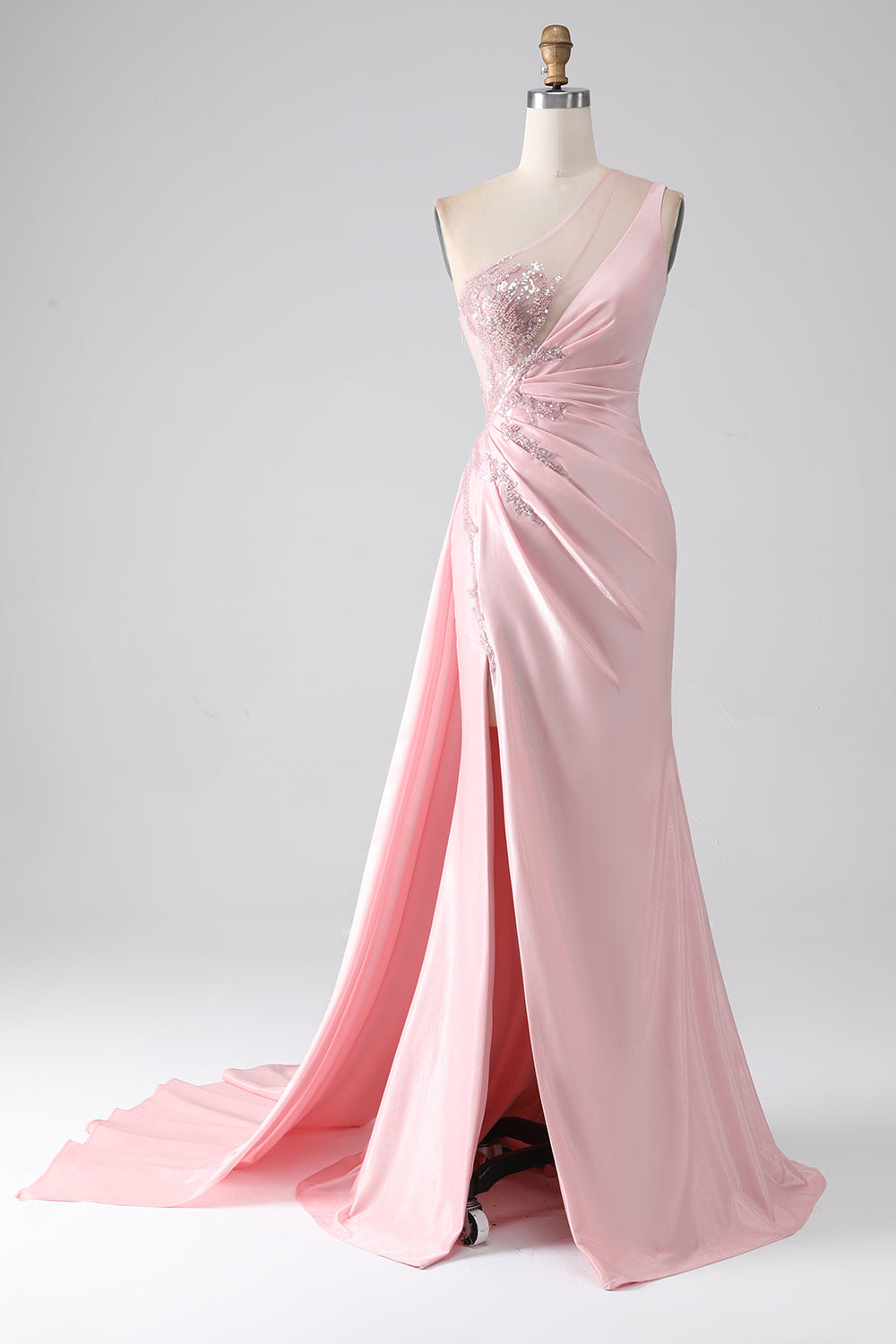 Rosa havfrue en skulder paljetter appliques ruched prom kjole med spalt