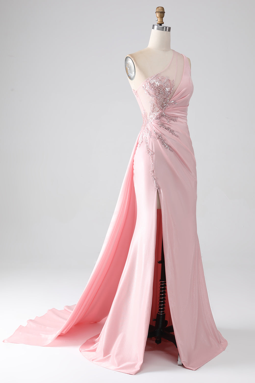 Rosa havfrue en skulder paljetter appliques ruched prom kjole med spalt