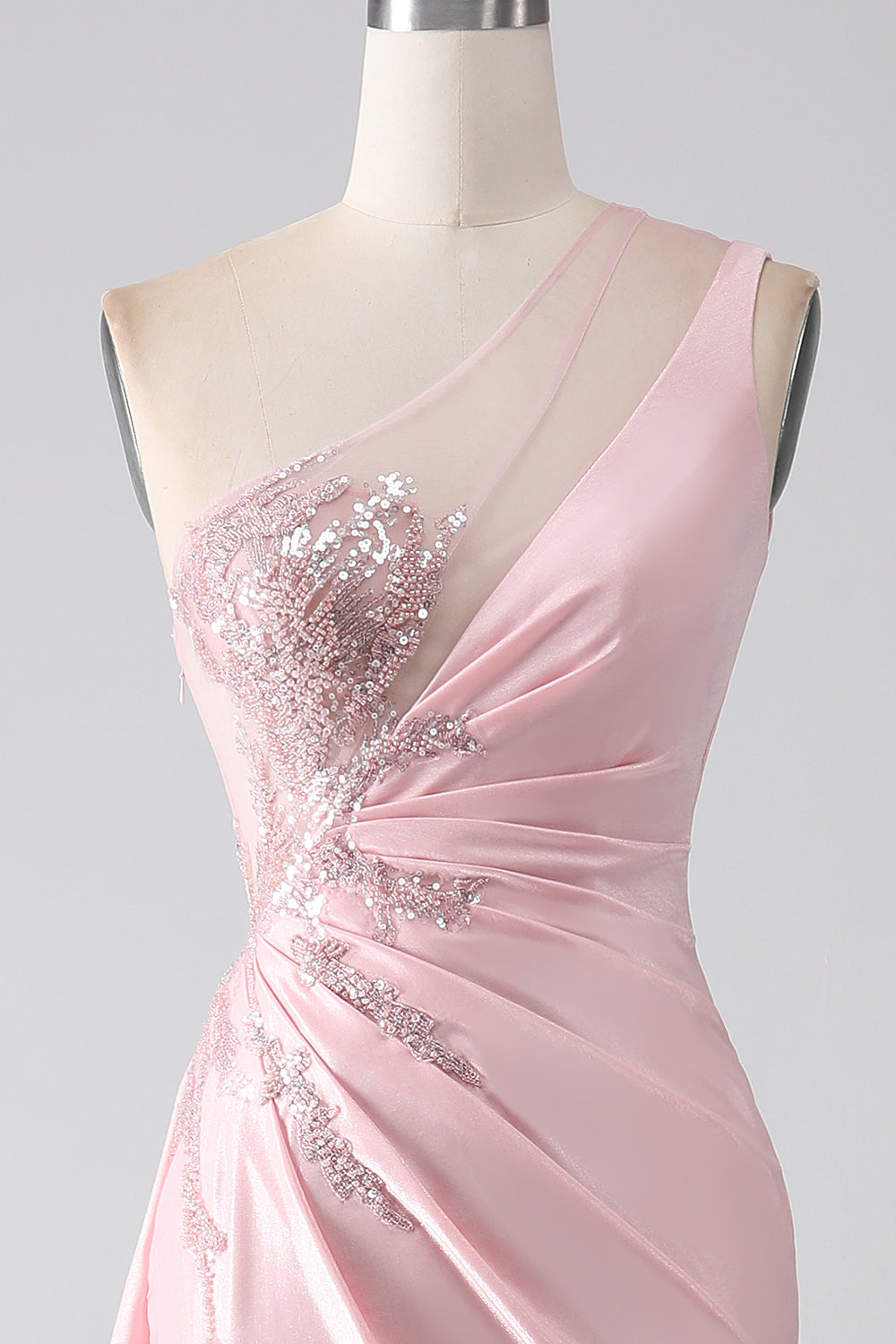 Rosa havfrue en skulder paljetter appliques ruched prom kjole med spalt