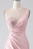 Rosa havfrue en skulder paljetter appliques ruched prom kjole med spalt
