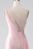 Rosa havfrue en skulder paljetter appliques ruched prom kjole med spalt