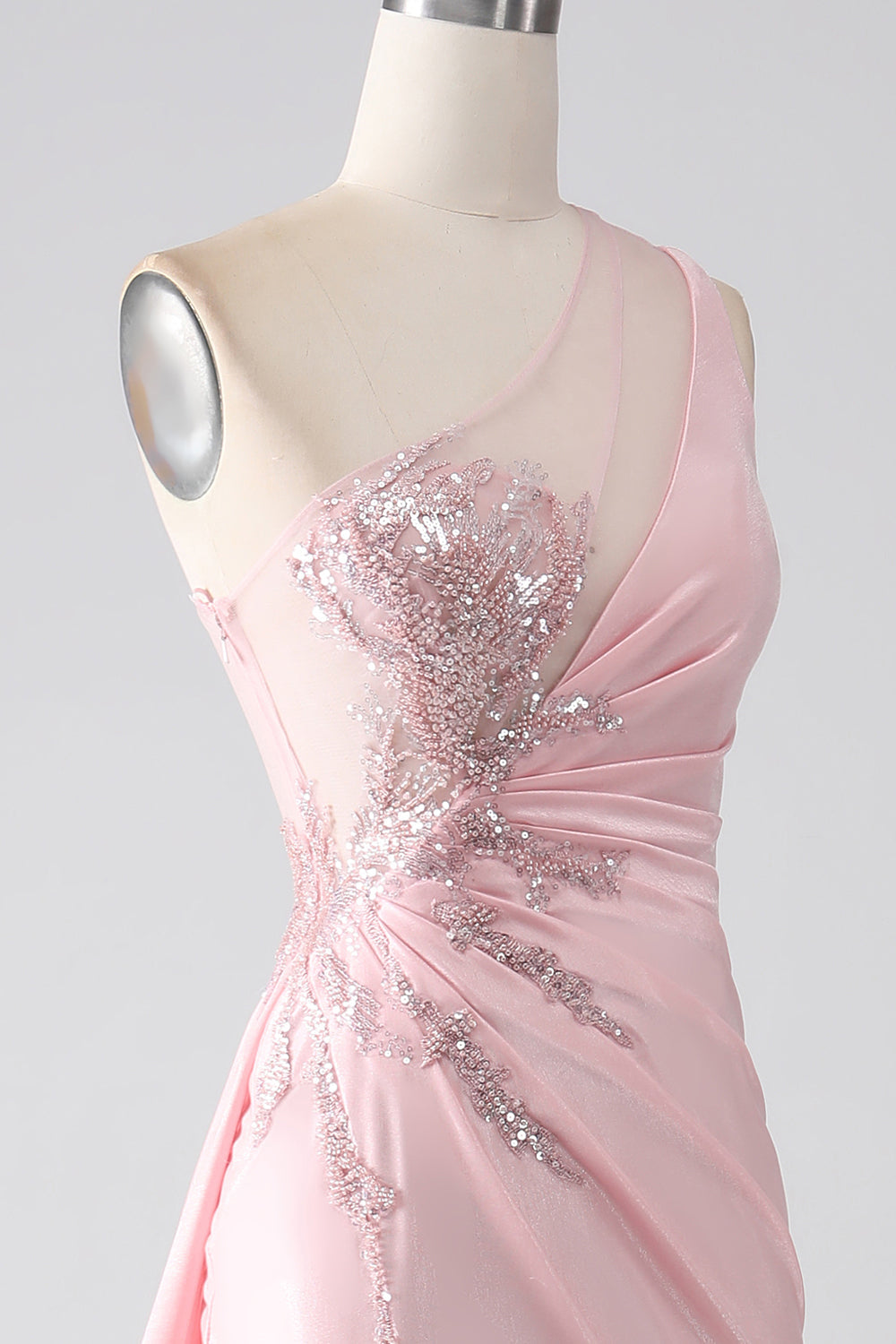 Rosa havfrue en skulder paljetter appliques ruched prom kjole med spalt