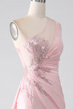 Rosa havfrue en skulder paljetter appliques ruched prom kjole med spalt