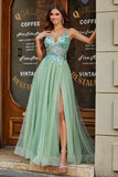 A-Line V Neck Split Tylle Light Green Prom Dress med Appliqued Beading
