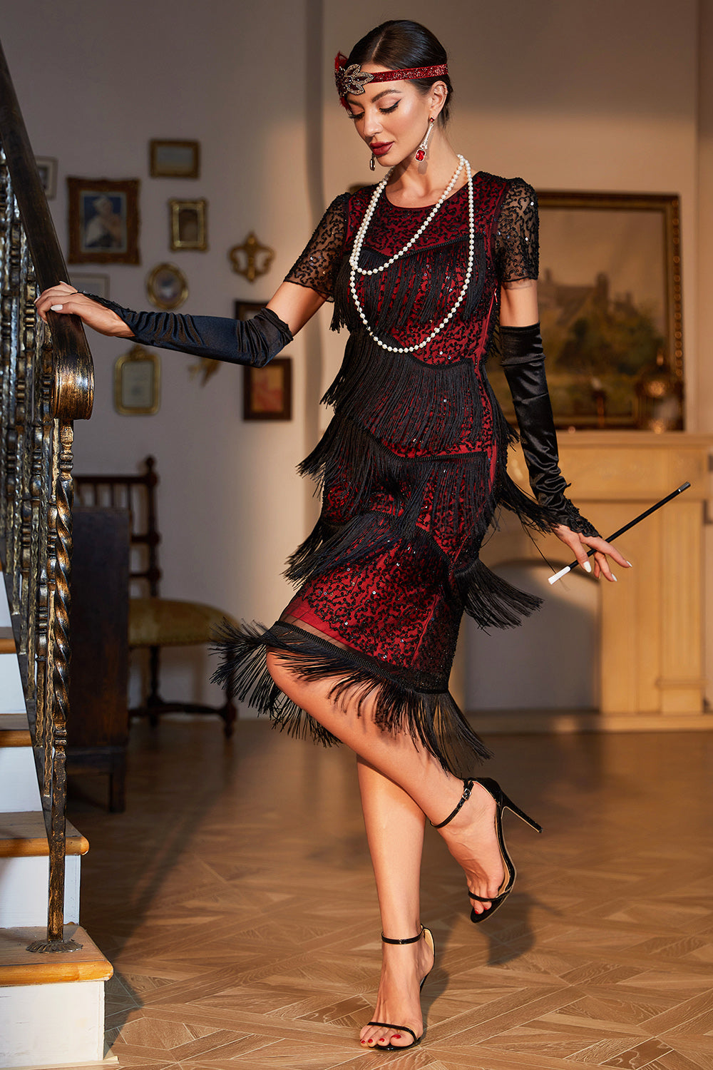 Black Beaded Gatsby frynset flapper kjole