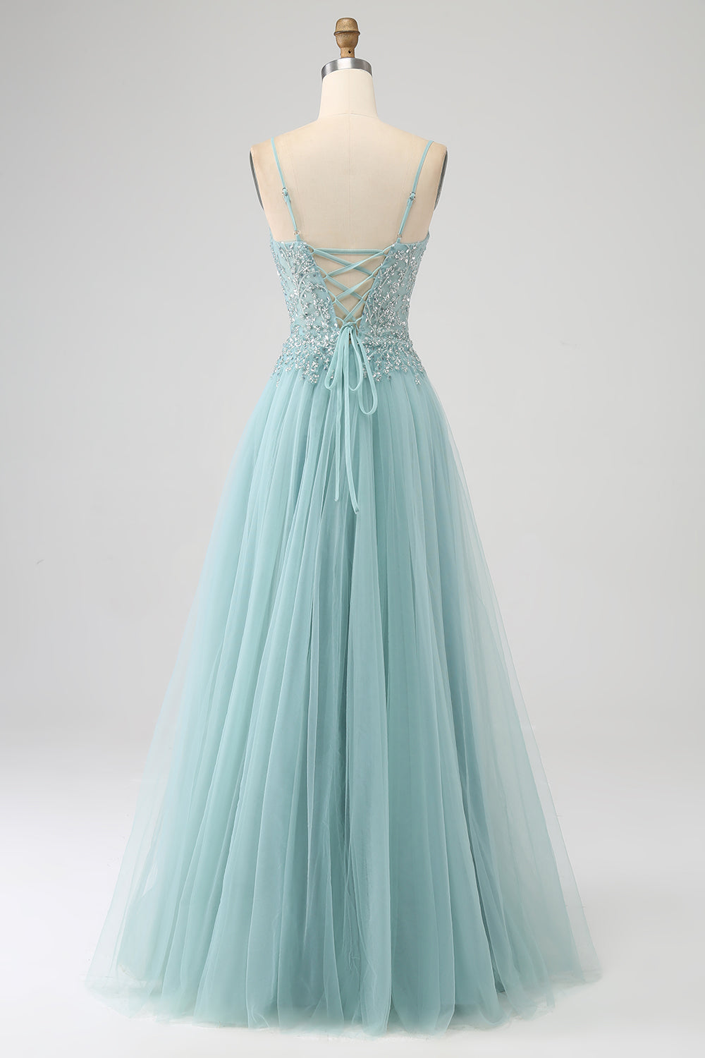 Sparkly Light Green A-Line Sequin Applique Corset Prom kjole med spalt