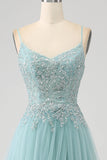 Sparkly Light Green A-Line Sequin Applique Corset Prom kjole med spalt