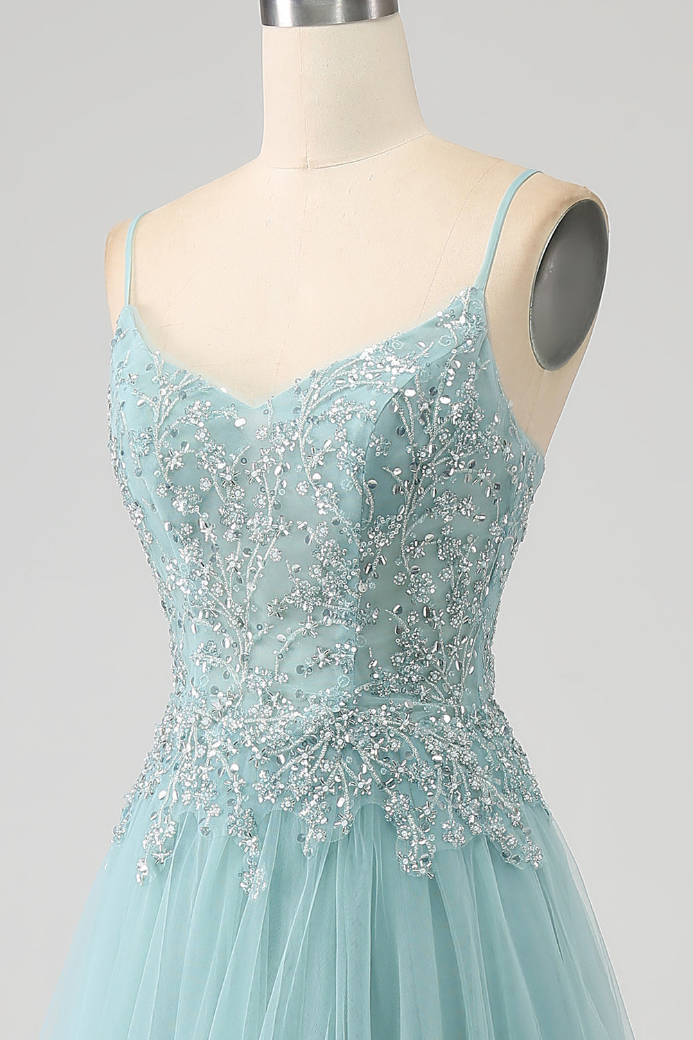 Sparkly Light Green A-Line Sequin Applique Corset Prom kjole med spalt