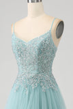 Sparkly Light Green A-Line Sequin Applique Corset Prom kjole med spalt