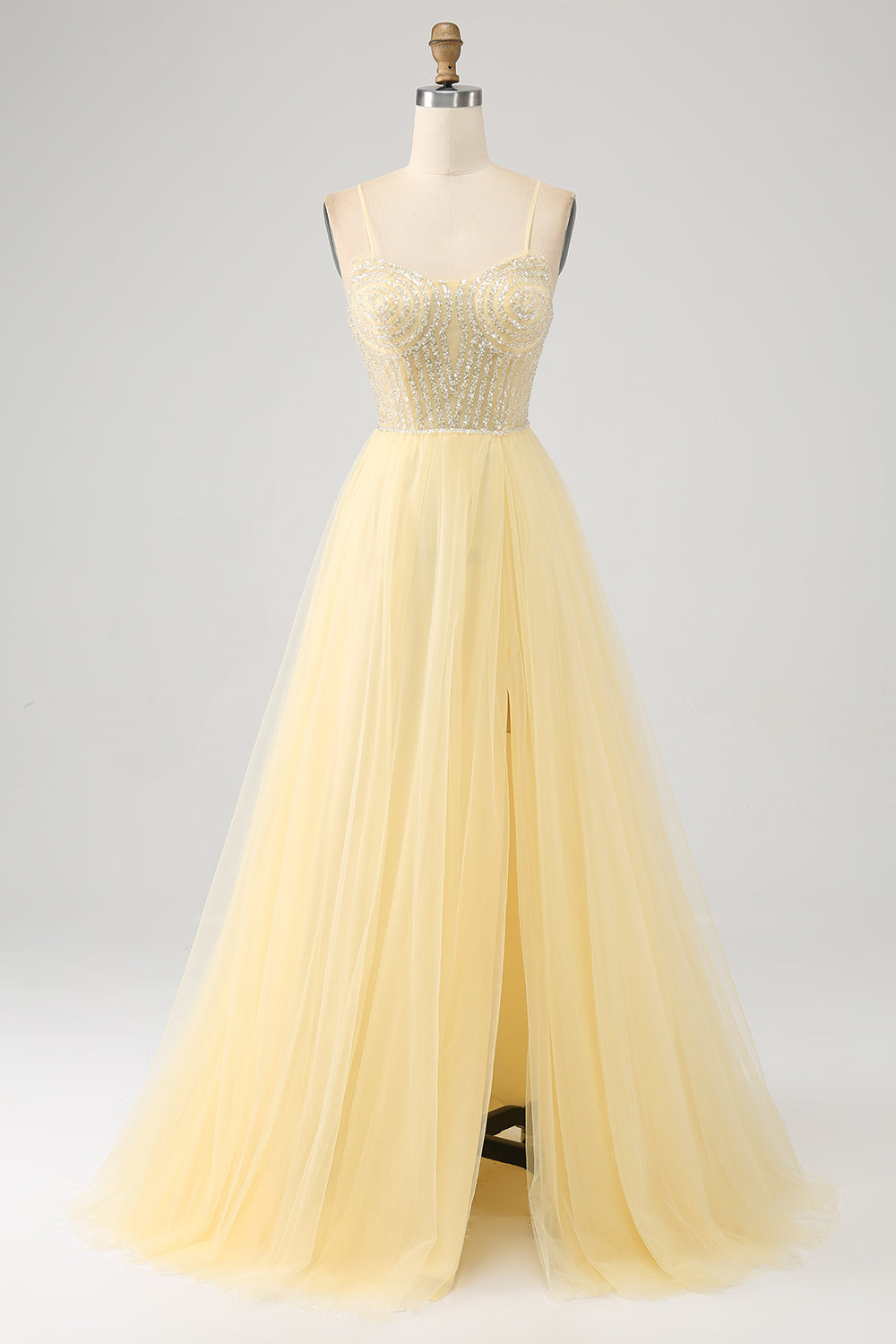 Tulle Beaded Light Yellow Prom Dress med Slit
