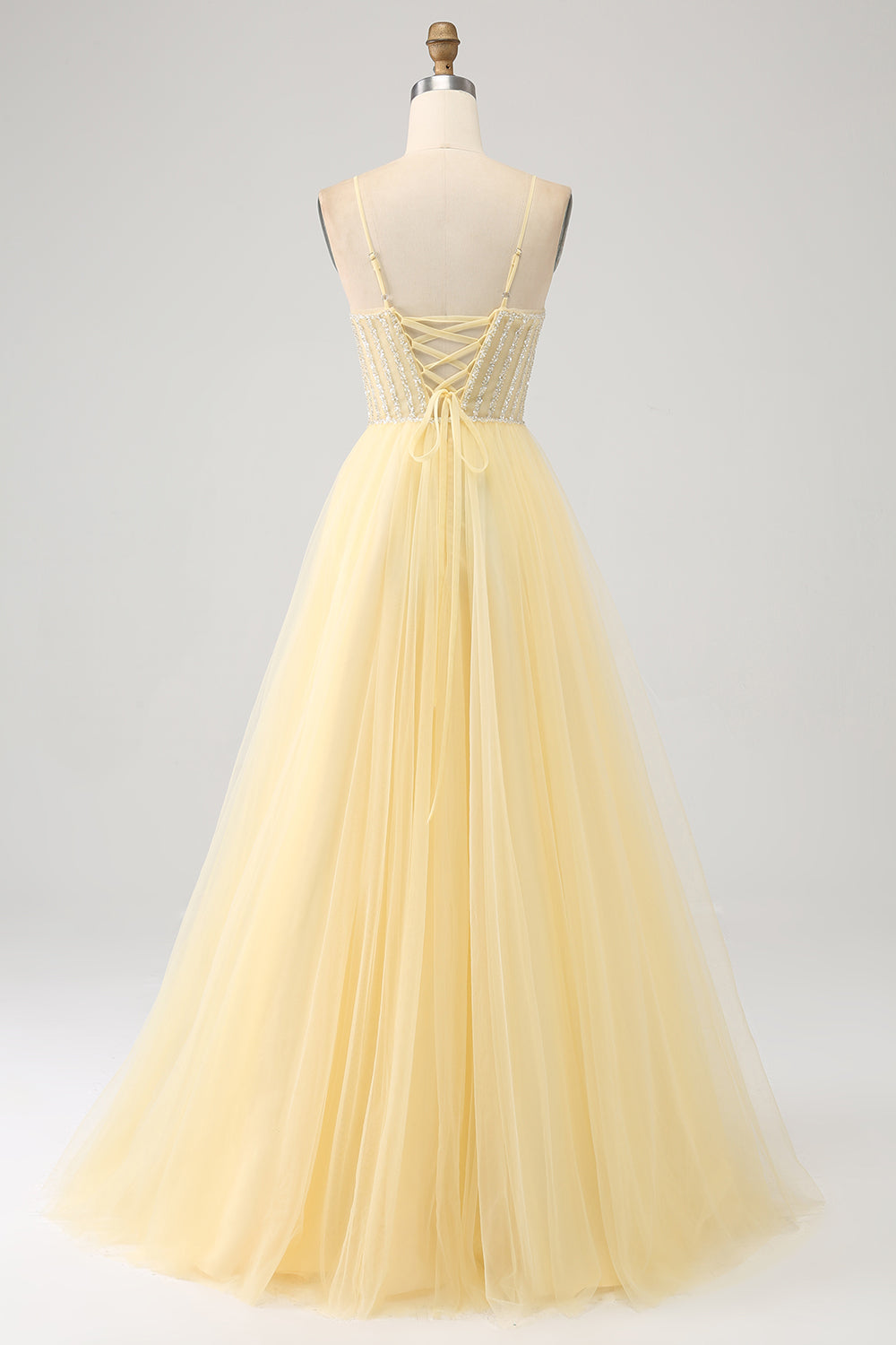 Tulle Beaded Light Yellow Prom Dress med Slit