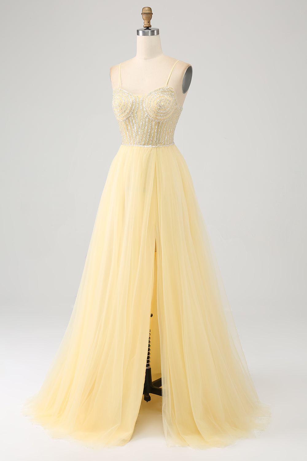 Tulle Beaded Light Yellow Prom Dress med Slit