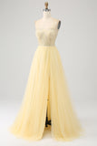 Tulle Beaded Light Yellow Prom Dress med Slit