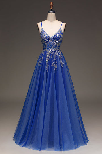 A-Line paljetter Royal Blue Prom kjole med applikasjoner